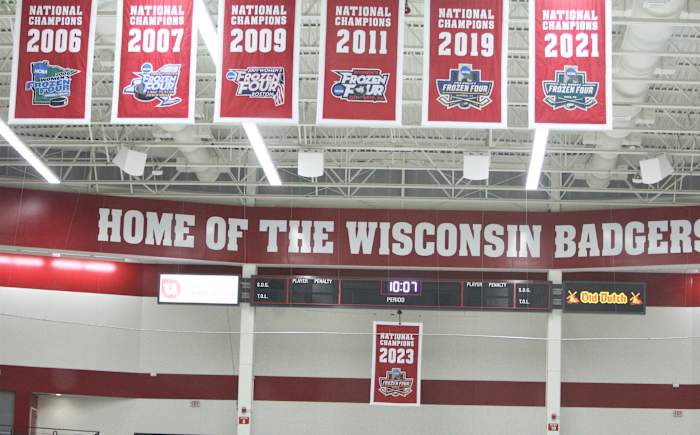 The Wisconsin women's hockey team added its 2023 national championship banner to its collection on Friday Oct. 6, 2023 at LaBahn Arena in Madison, Wis.